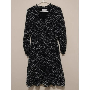 Emma Michele Blue White Oval Dots Lined Ruffle Neck Hem Dress